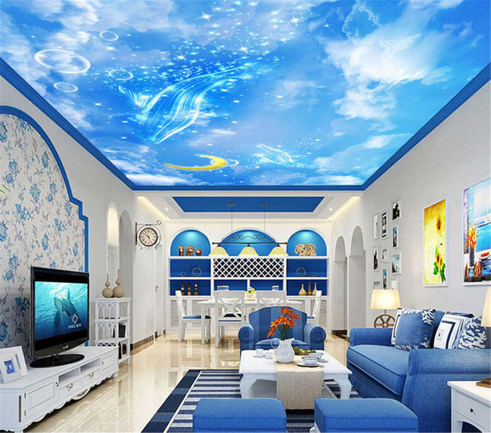 A Living Room With Blue Furniture And A Blue Ceiling Wallpaper