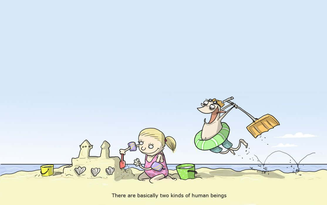 A Cartoon Of A Girl And Boy Playing On The Beach Wallpaper