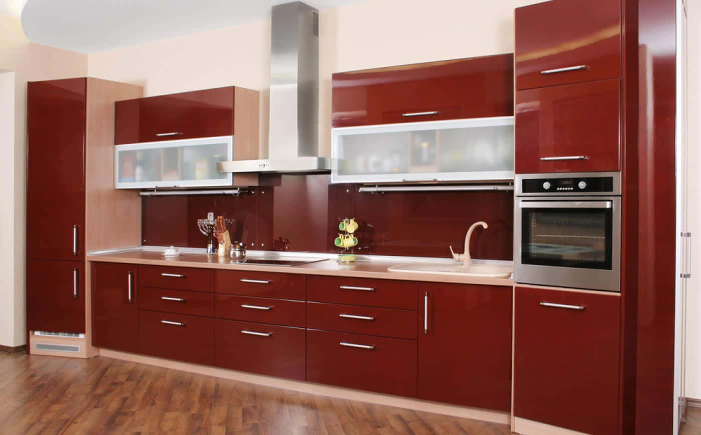 Red Modular Kitchen With Exhaust Fan Picture