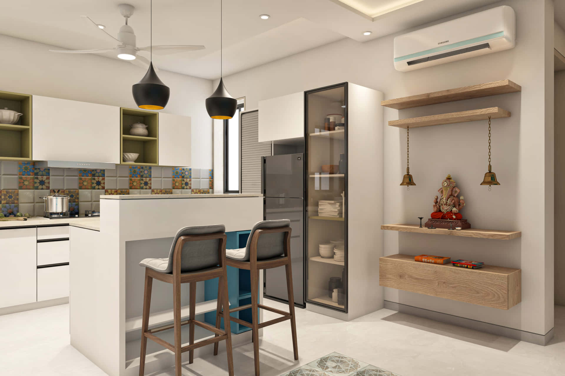 Modular Kitchen With Counter And Stools Picture