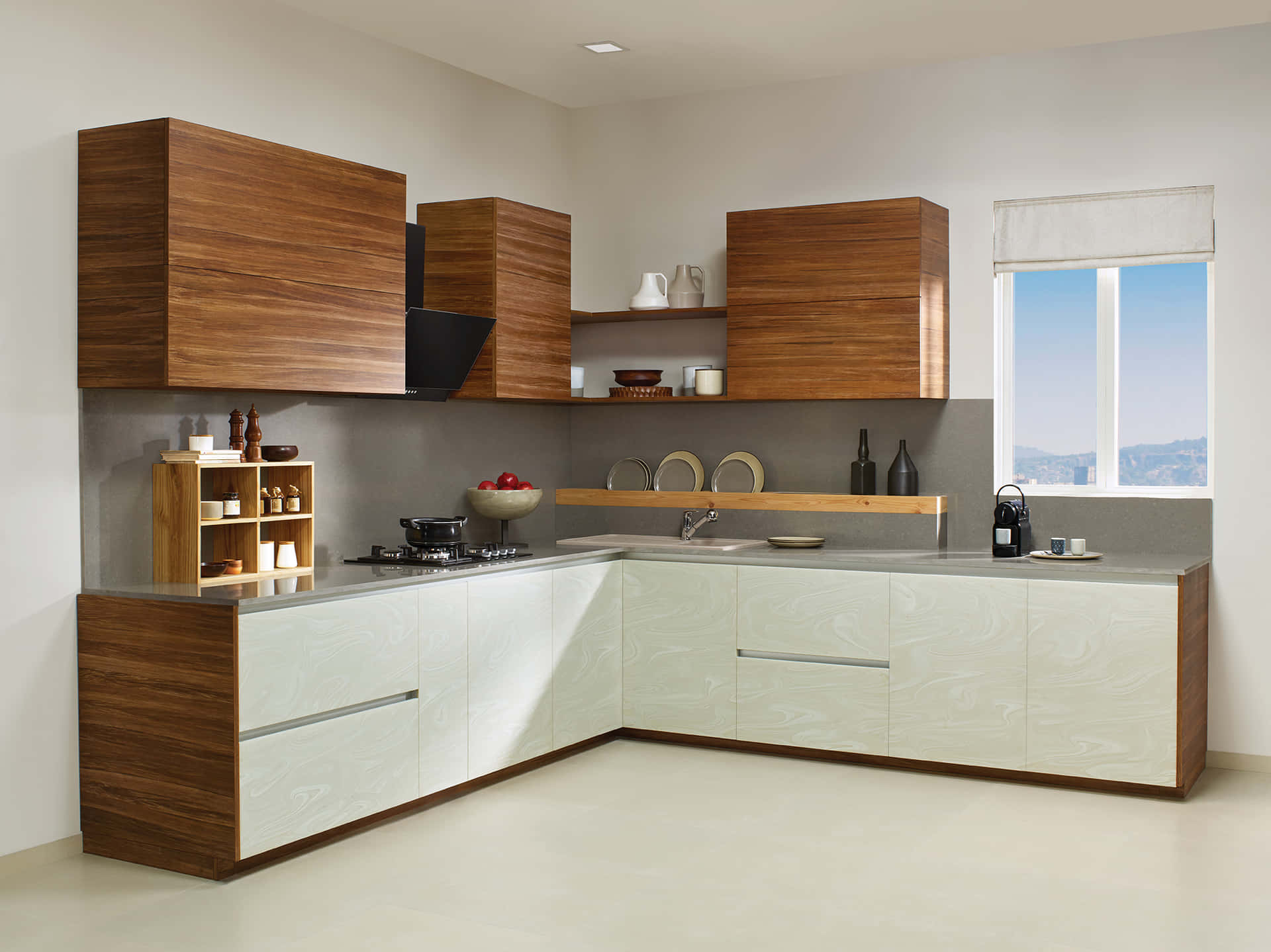 Modular Kitchen With Wooden Cabinets Picture