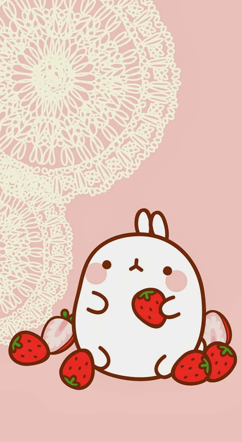 Molang Enjoying a Pastel Cute Strawberry Moment Wallpaper