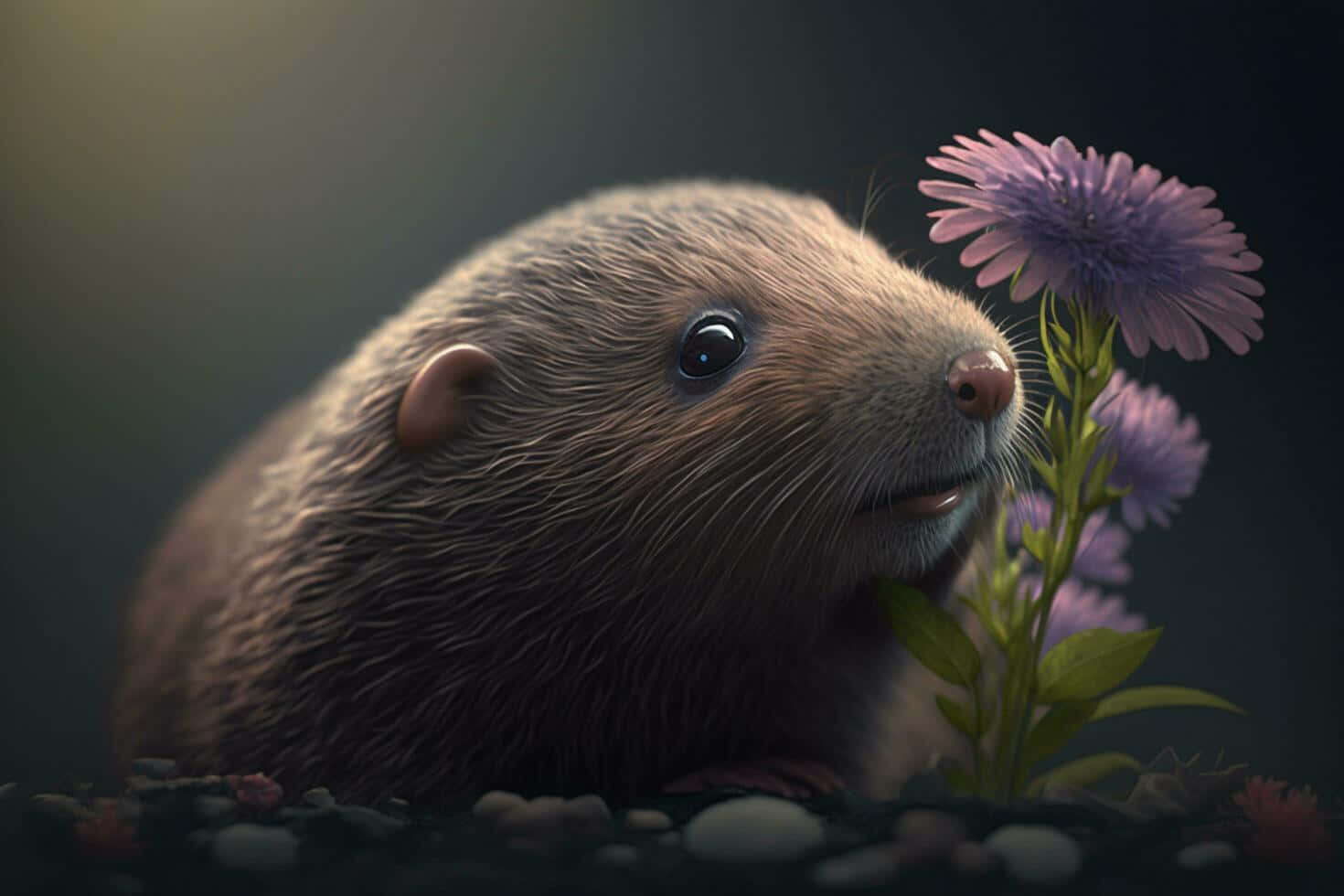 Mole Admiring Flowers Wallpaper