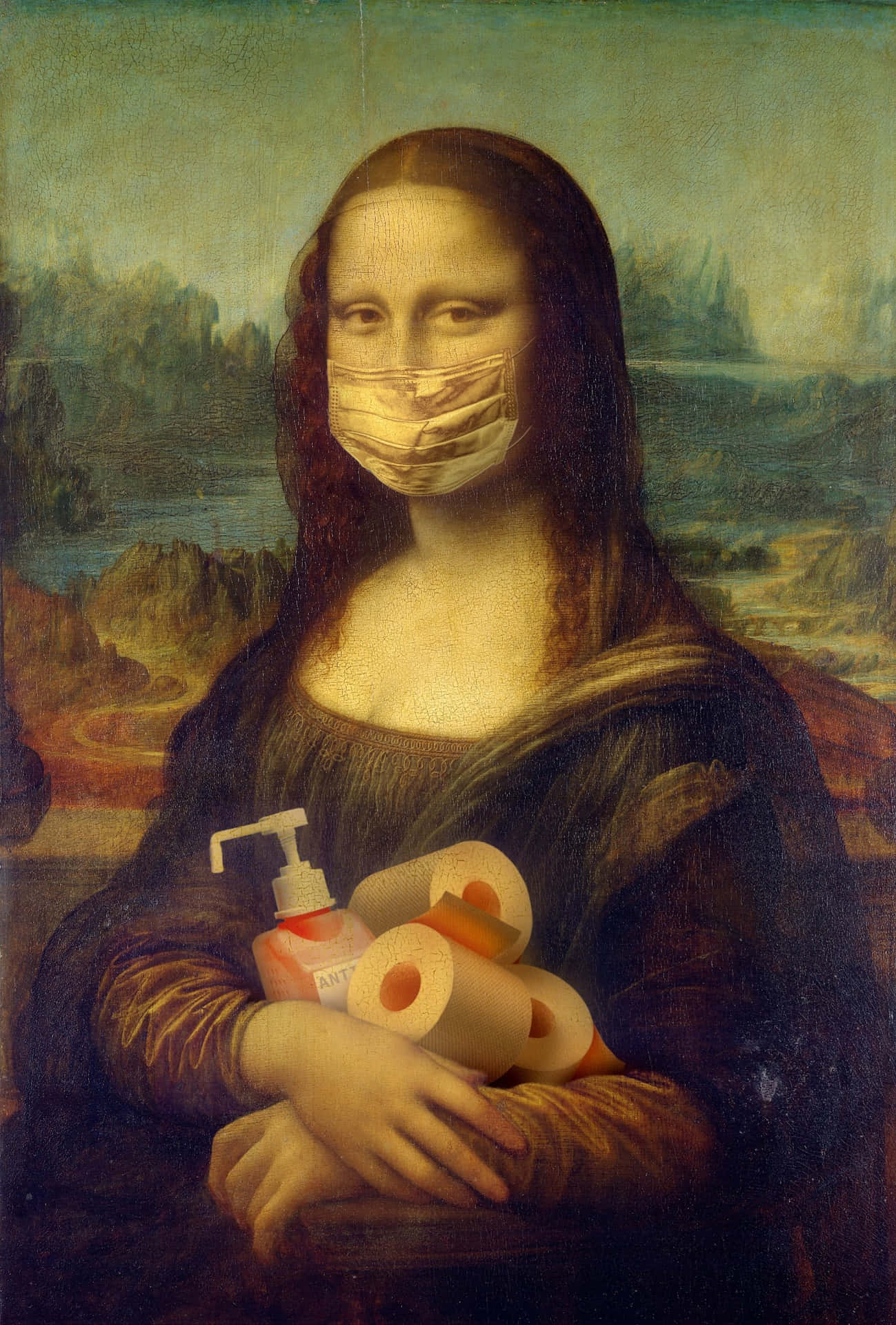 Mona Lisa Carrying Antiseptic Products Wallpaper