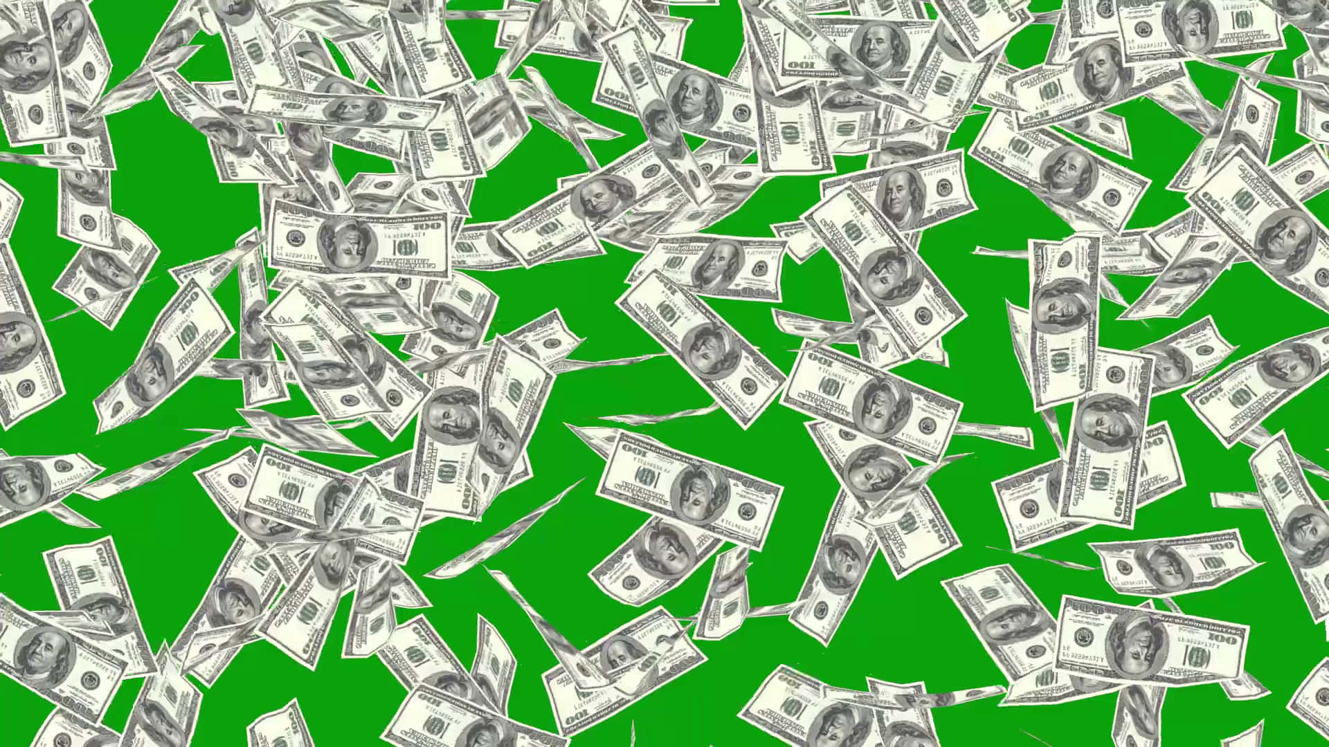 A Green Background With Dollar Bills Falling Down