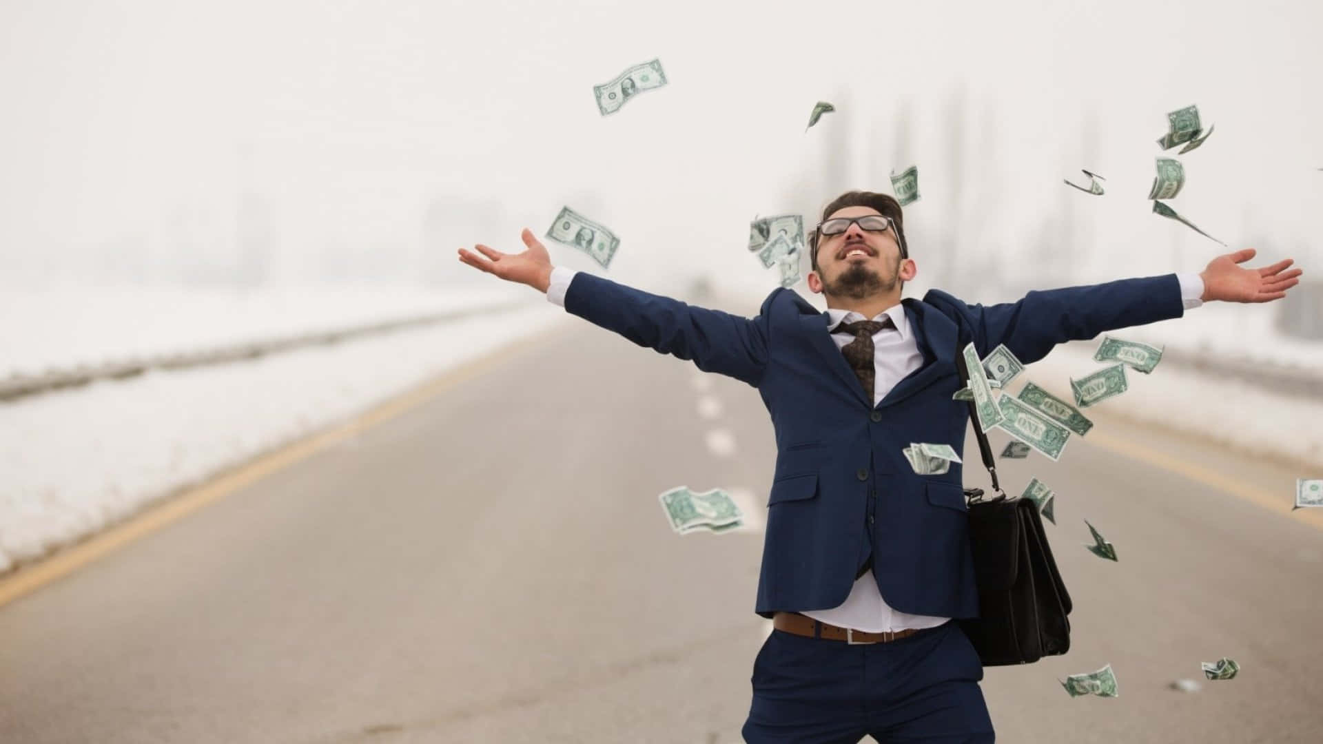 Businessman Throwing Money On The Road