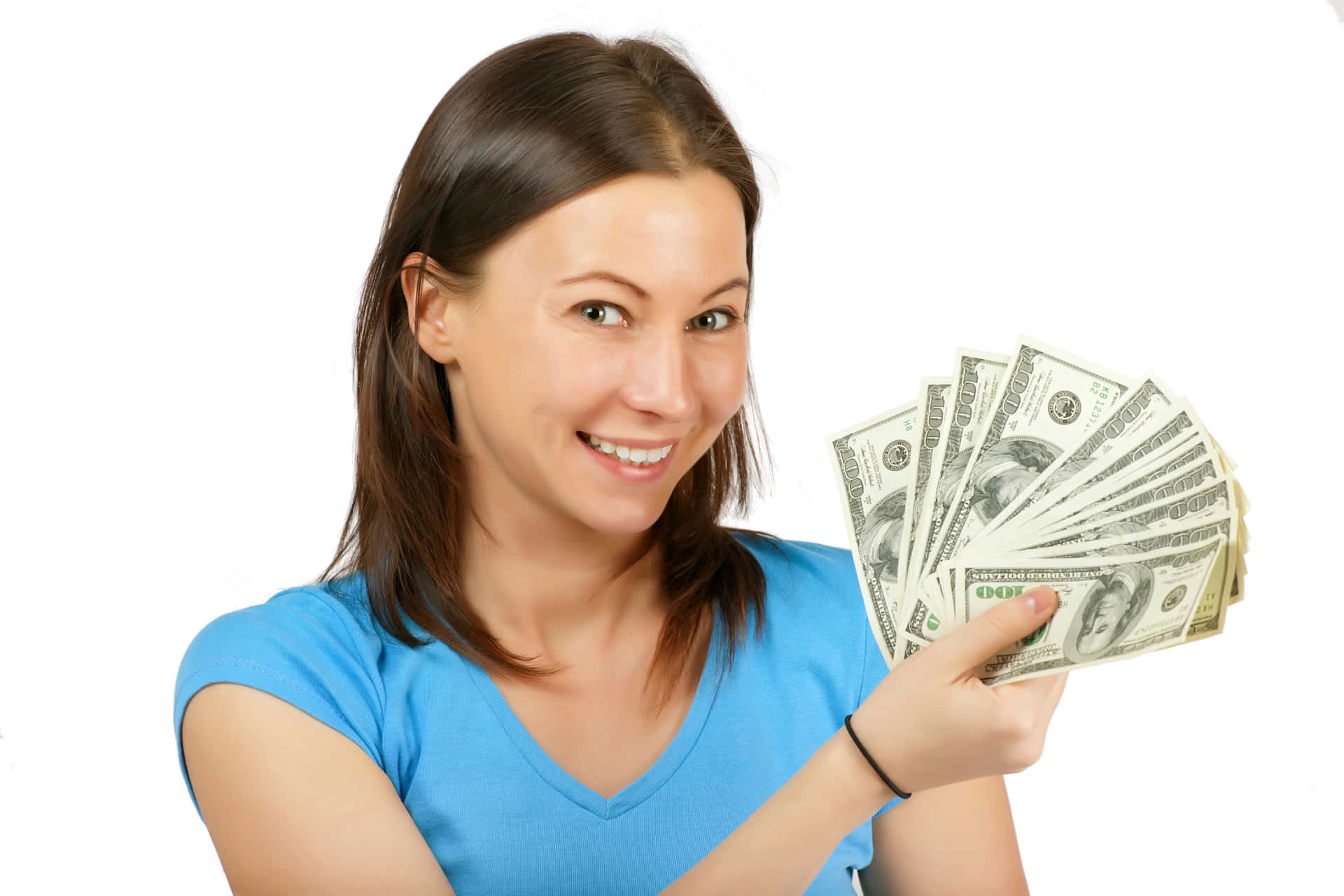 A Woman Holding Up A Stack Of Money
