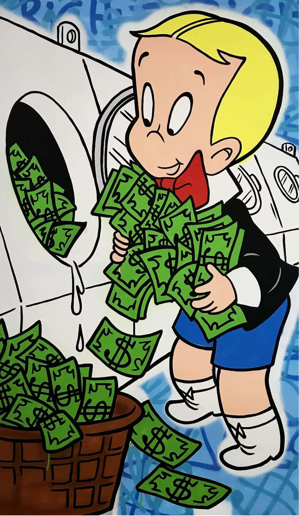 Einezeichentrickfigur Eines Jungen Mit Geld In Seiner Tasche.