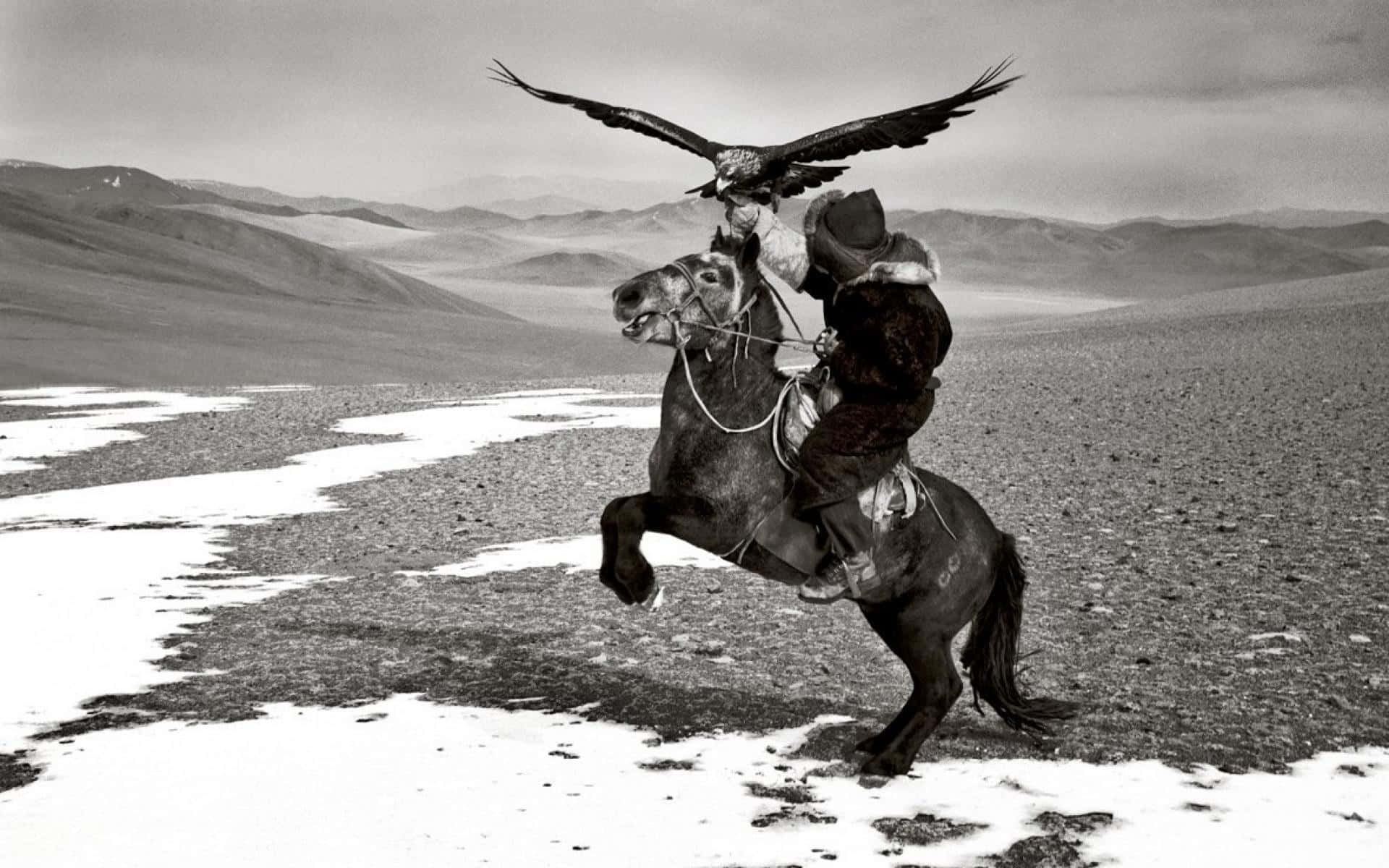 A Man Riding A Horse With An Eagle On His Back