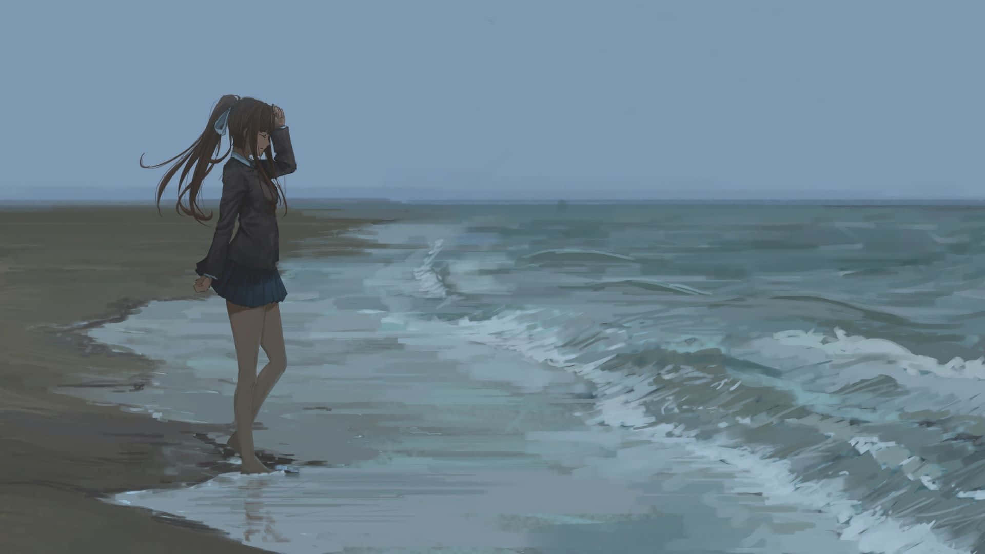 Monika,chica Anime En La Playa. Fondo de pantalla