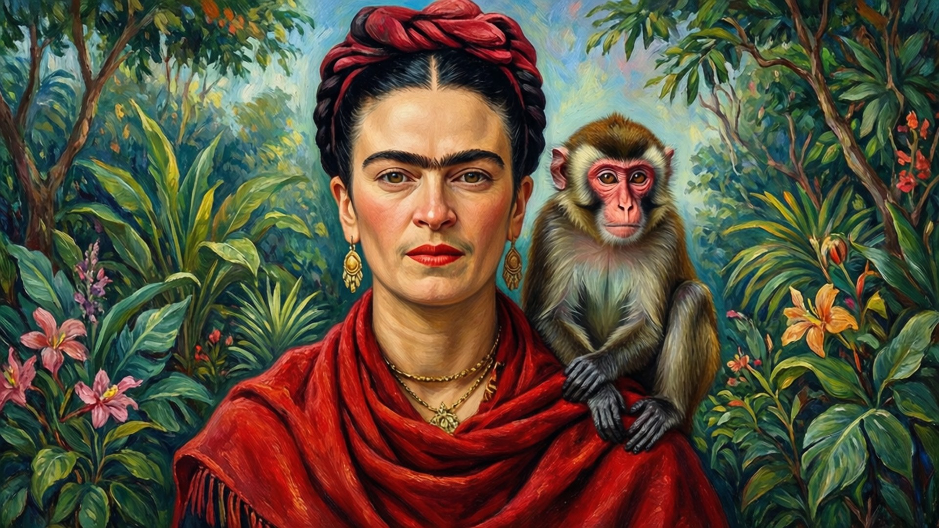 Frida Kahlo med en ape på skulderen i en hage, impresjonistisk stil.