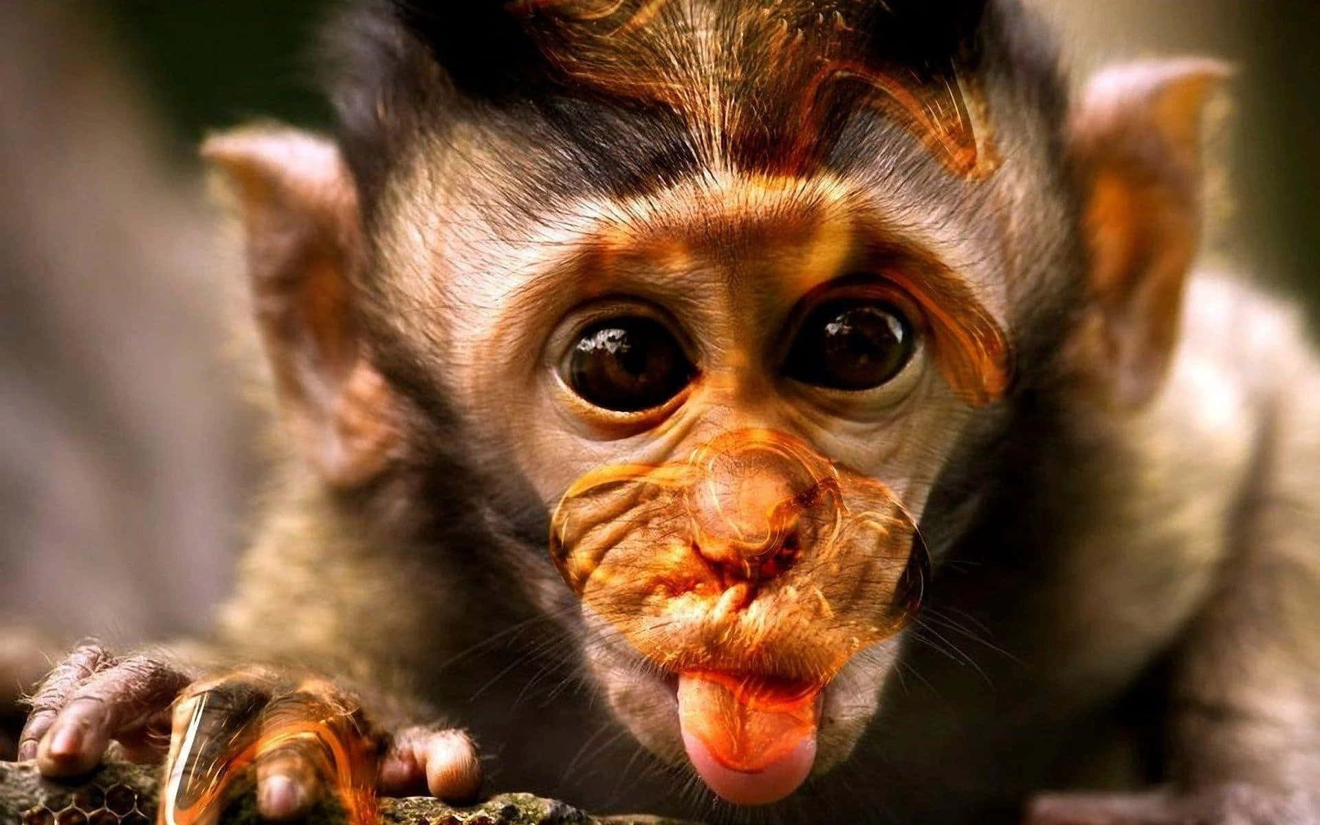 A Monkey With A Red Face Is Sticking Its Tongue Out