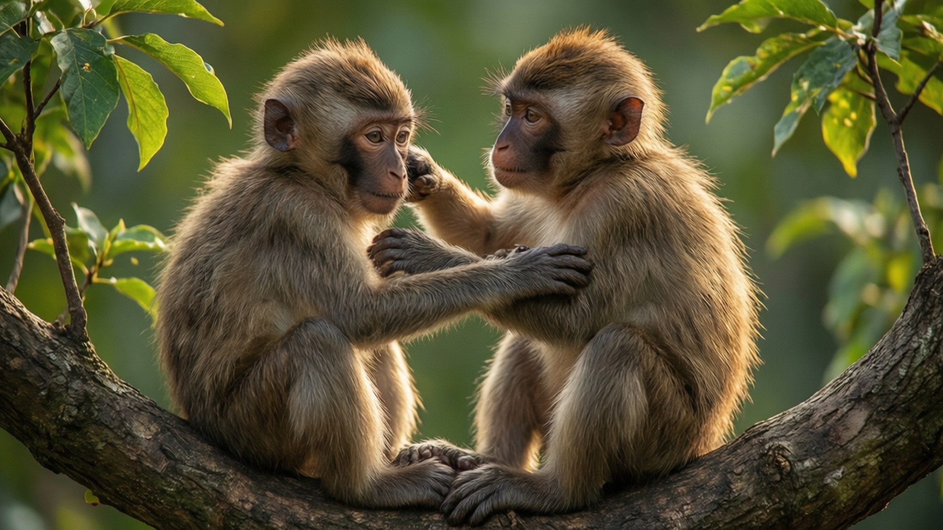 Monkeys Grooming Wallpaper — Two young monkeys sit on a tree branch grooming each other amidst lush green foliage.