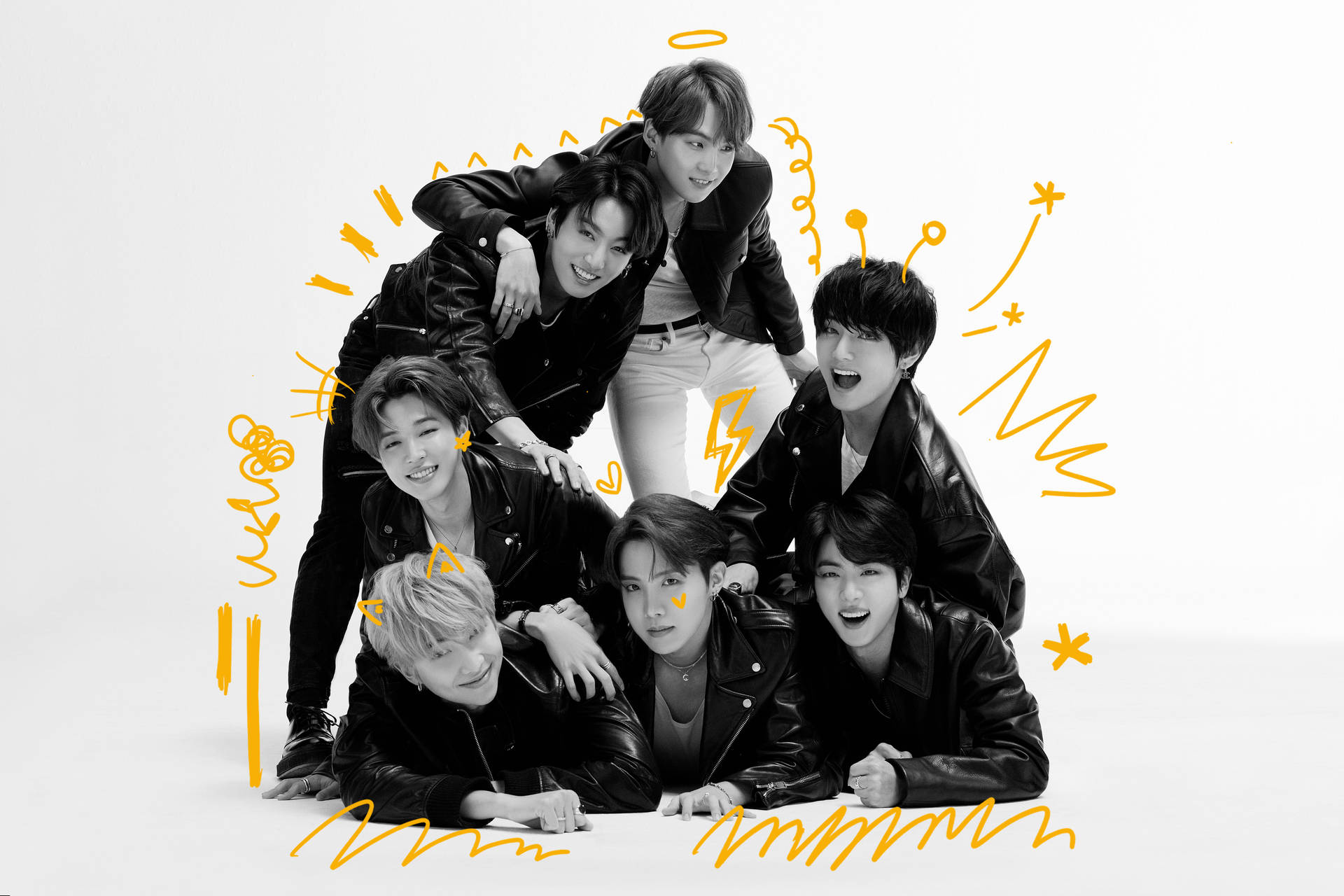 Monochromatic BTS Dynamite Group Photo Wallpaper