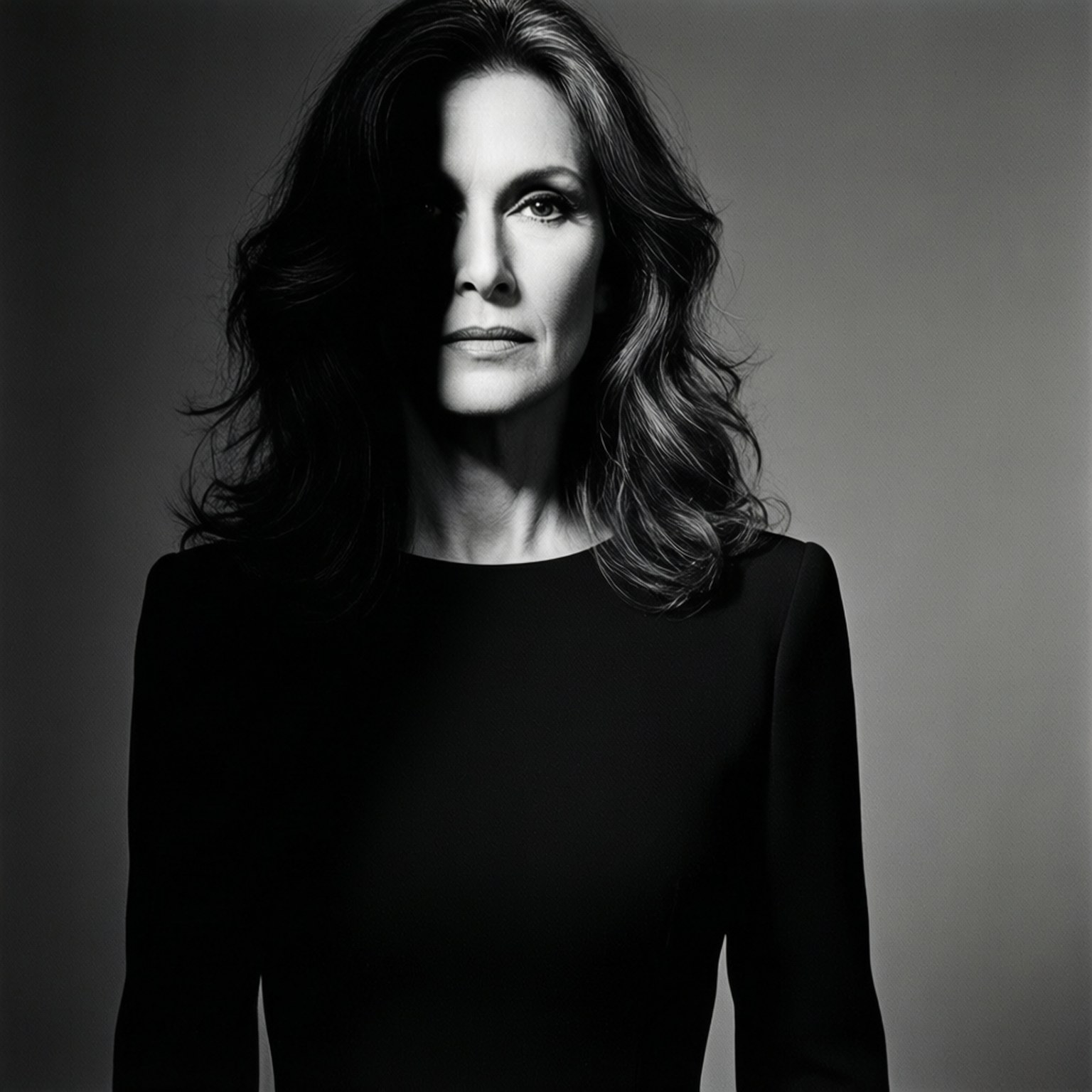Black and white studio portrait of Gia Carangi in black dress, high contrast