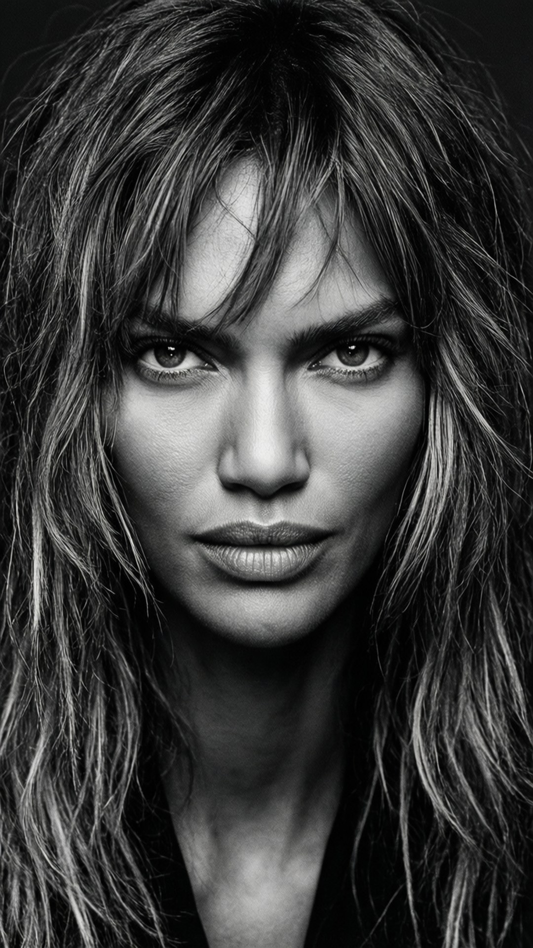 Svartvitt närbild av Candice Swanepoel med rufsigt hår