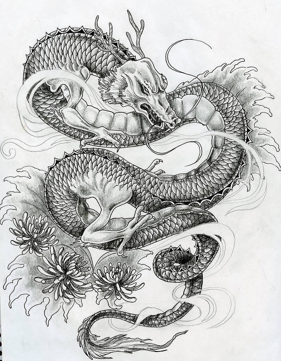 Monochromatic Japanese Dragon Tattoo Sketch Wallpaper
