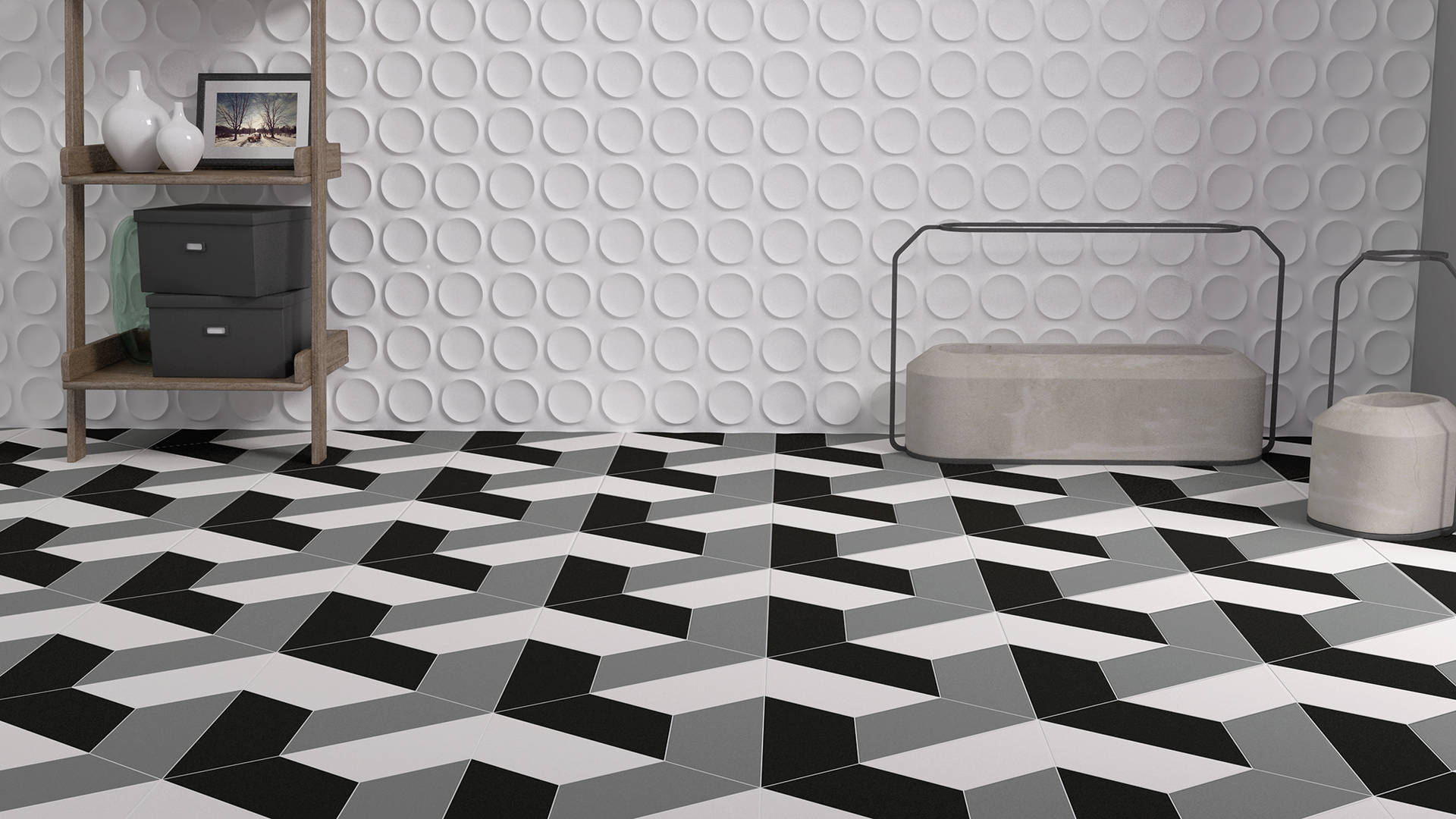 Monochrome 3D Steps Floor Tiles Wallpaper