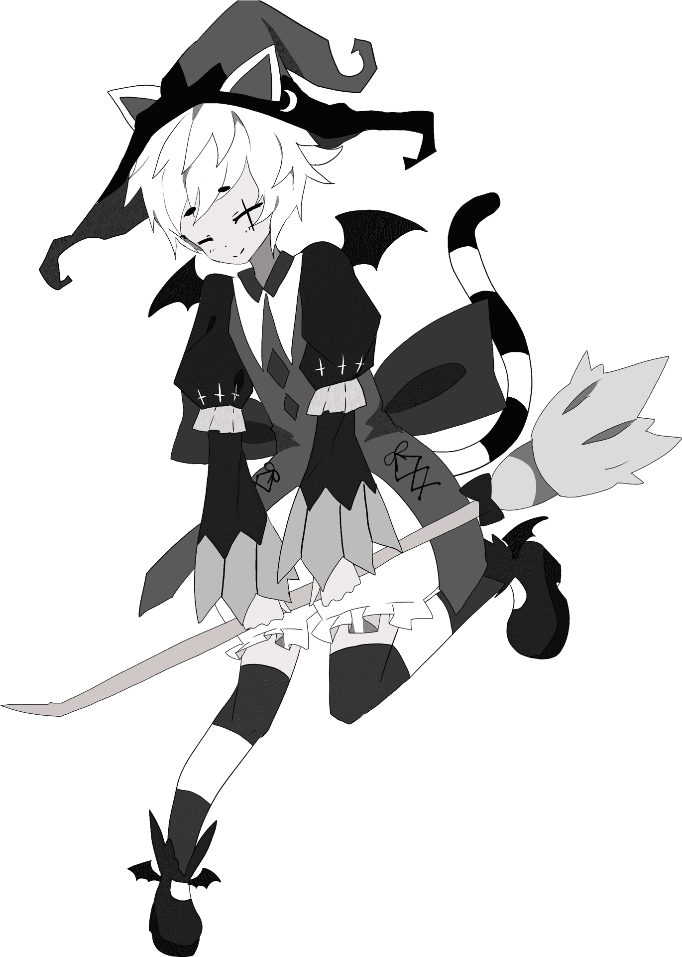 Monochrome Anime Wizard Cat Character PNG