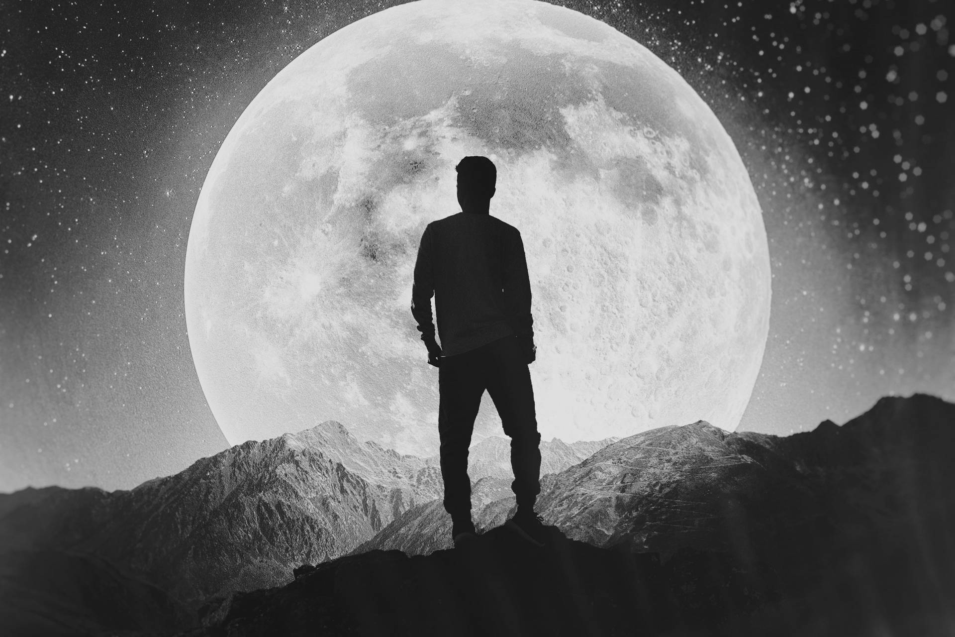 Monochrome Feeling Alone Moon Wallpaper