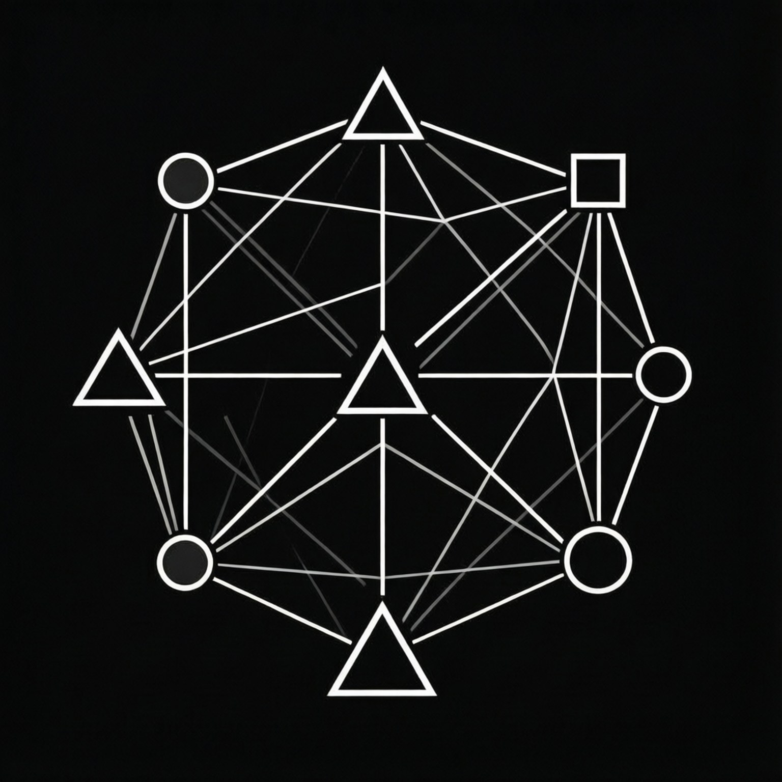 En minimalistisk svart-hvitt geometrisk nettverkstopologi.