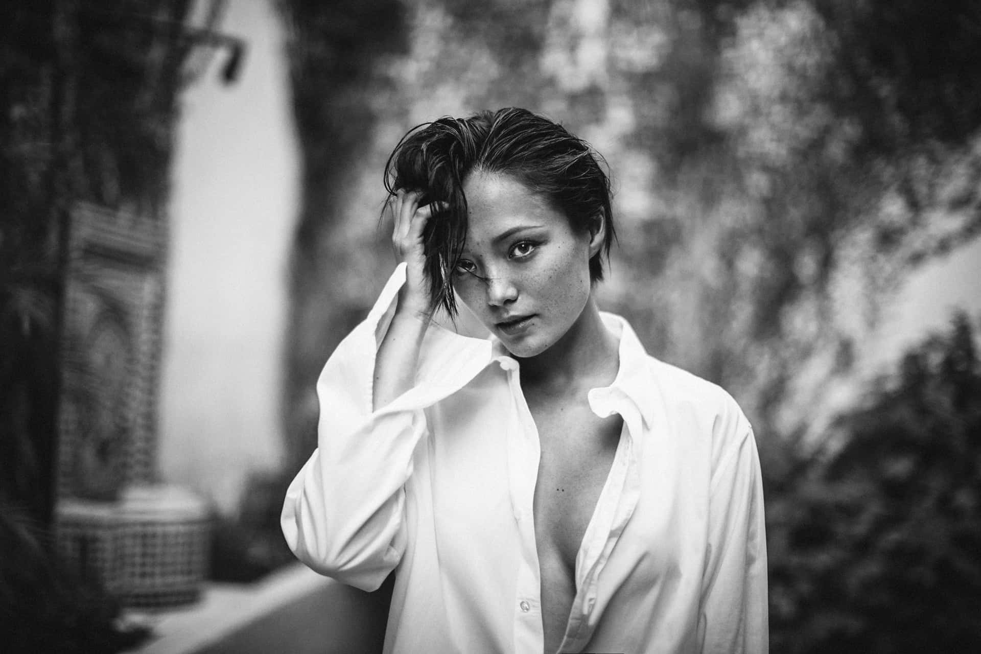 Monochrome Portraitof Womanin White Shirt Wallpaper