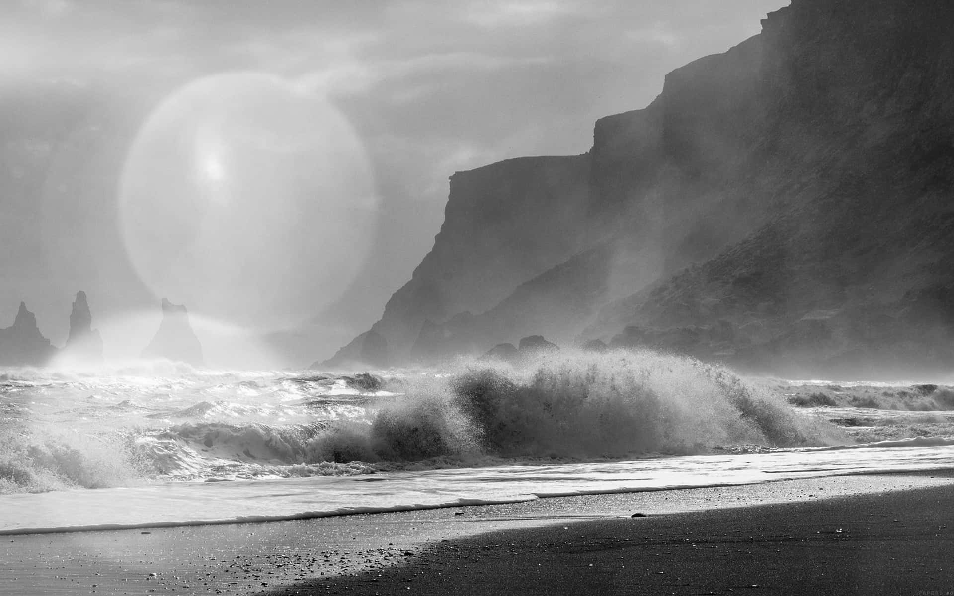 Monochrome Zeegezicht Met Zonnenhalo Achtergrond