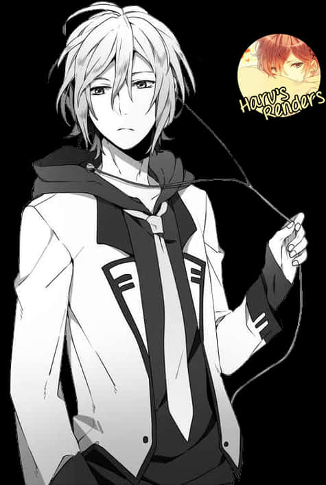 Monochrome_ Anime_ Boy_with_ Headphones PNG