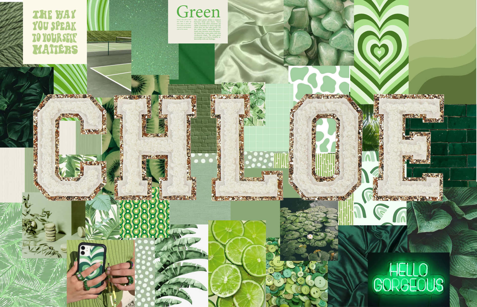 A Collage Of Green And White Images With The Word Chloe Wallpaper