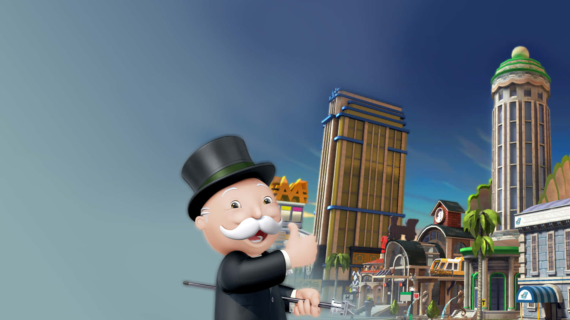 A Man In A Top Hat Is Standing In Front Of A City