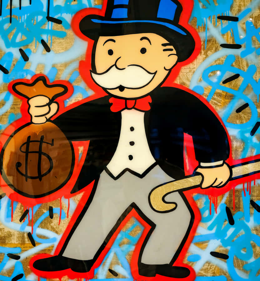 a man in a top hat and a cane holding a bag of money