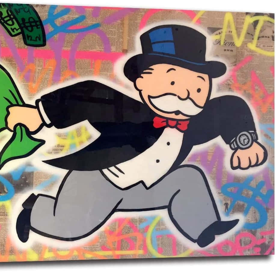 A Man In A Top Hat Is Running With Money