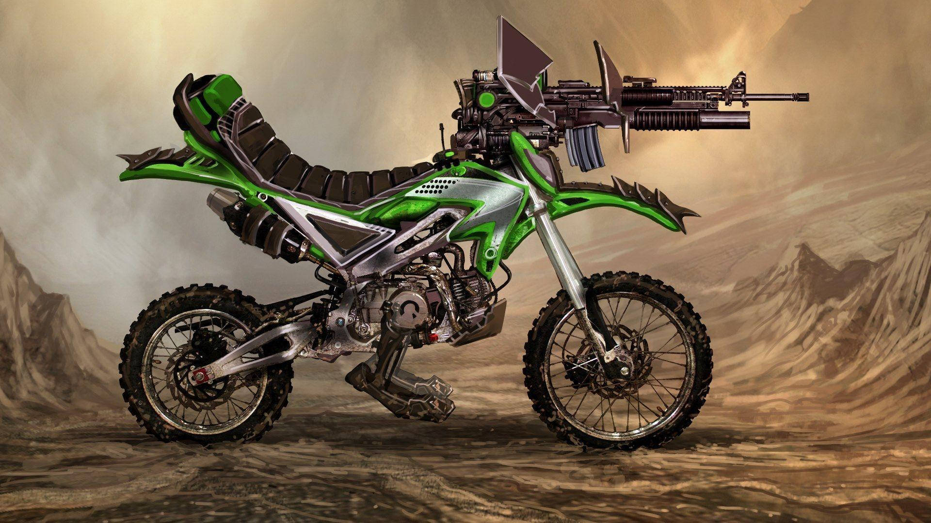 A Green Motorcycle With A Gun On It Wallpaper