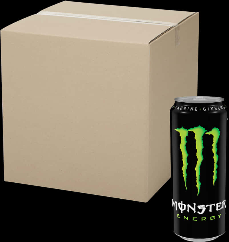 Monster Energy Drink Can Beside Cardboard Box PNG