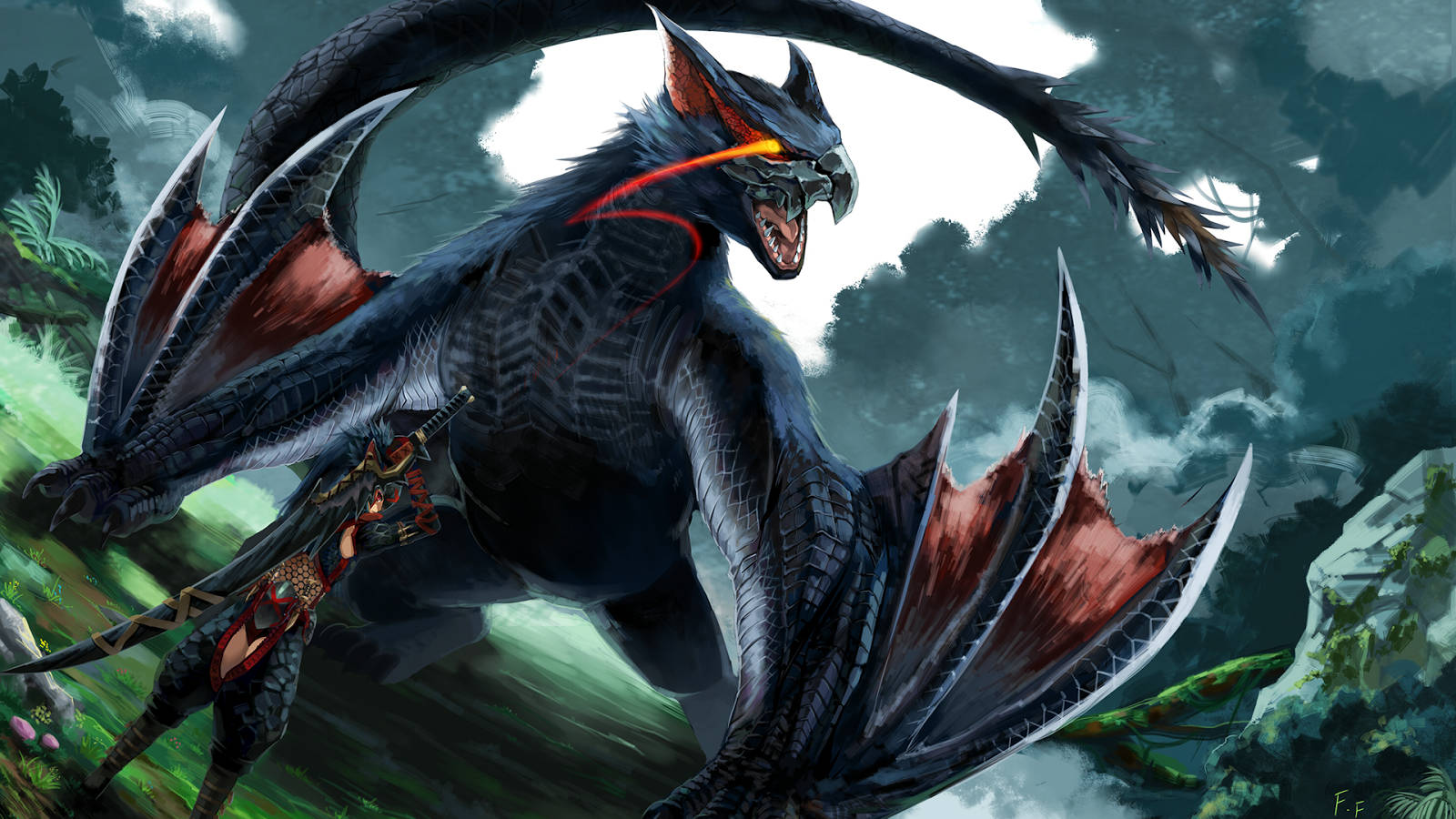 Gaze upon the great Fatalis in the forests of Monster Hunter. Wallpaper