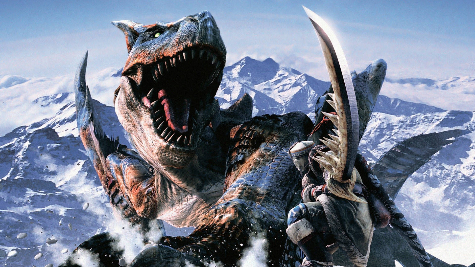 A mighty foe awaits in the snow-covered mountains: The Tigrex. Wallpaper