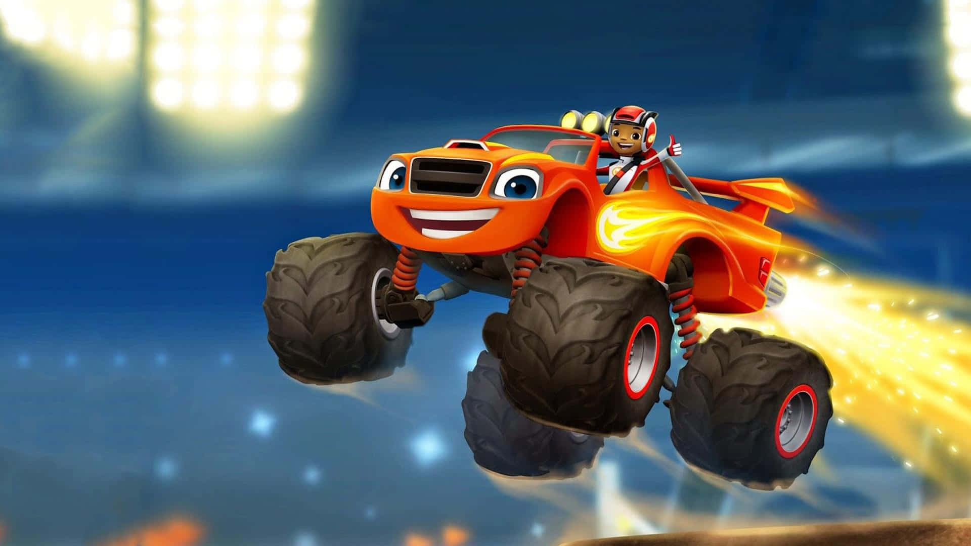 A Cartoon Image Of A Monster Truck Flying Through The Air