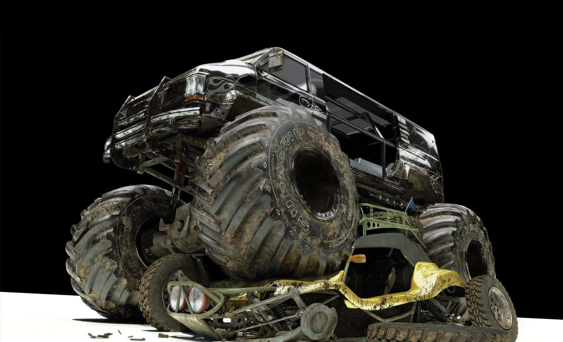 A Monster Truck Is Parked On Top Of Another Vehicle