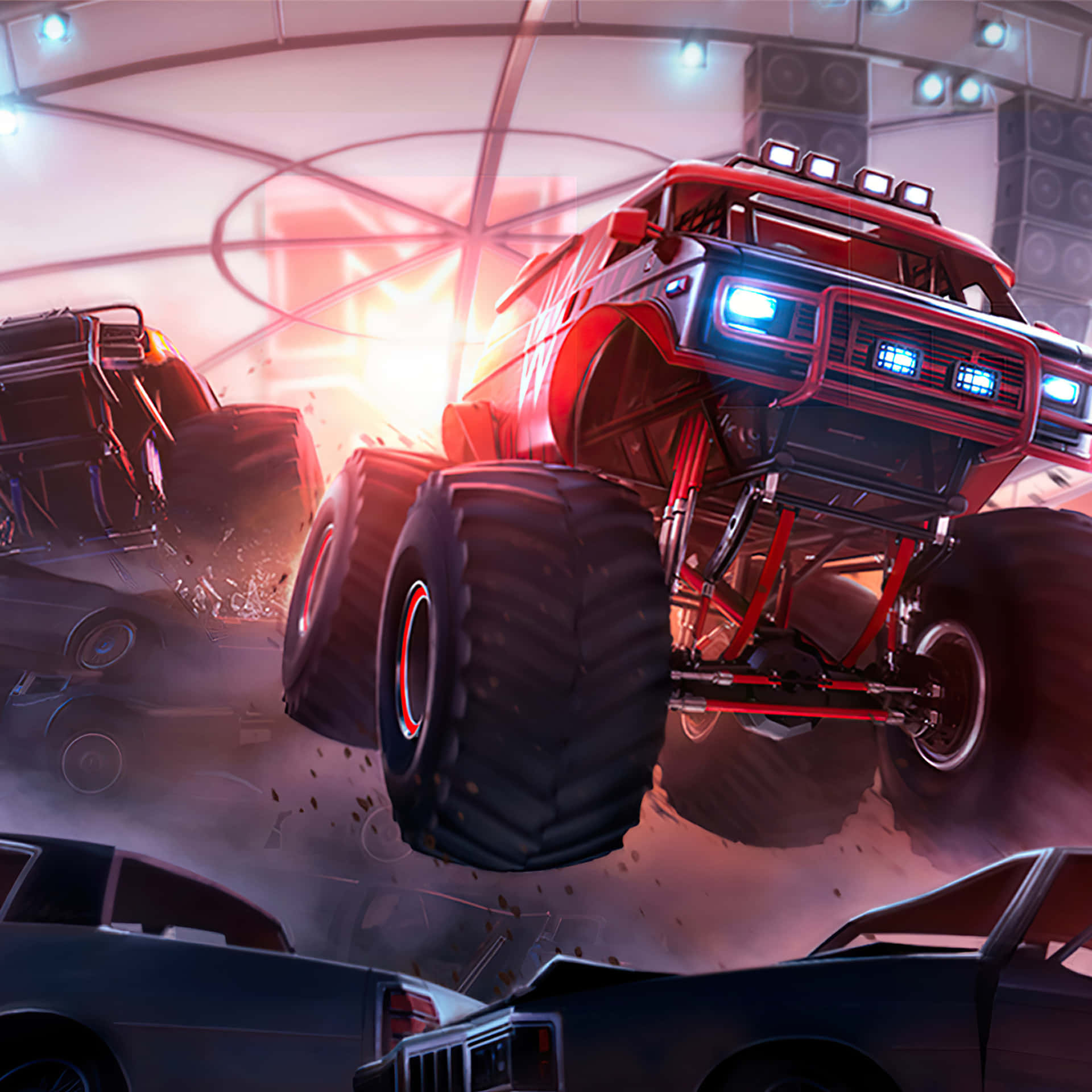 Red Monster Truck On Top Of Cars Wallpaper