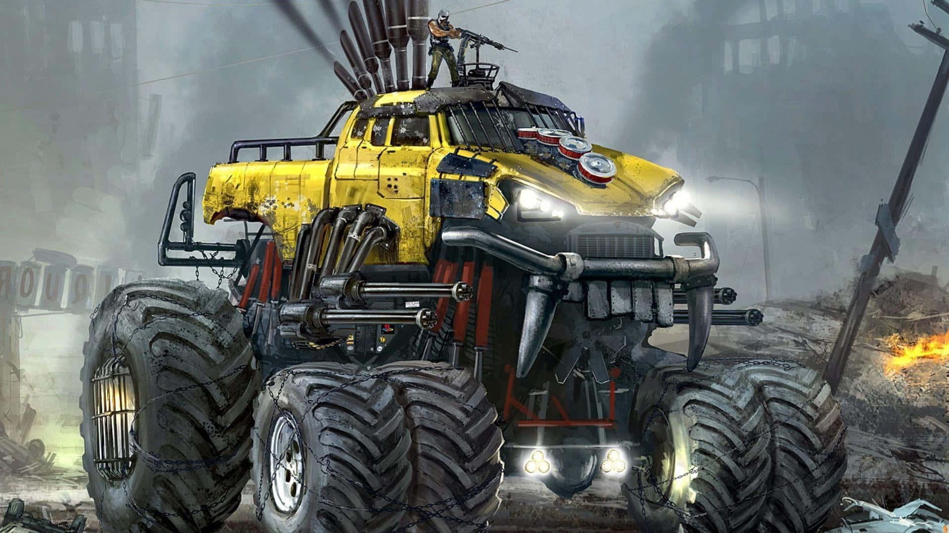 Caption: Powerful Monster Truck in Action Wallpaper