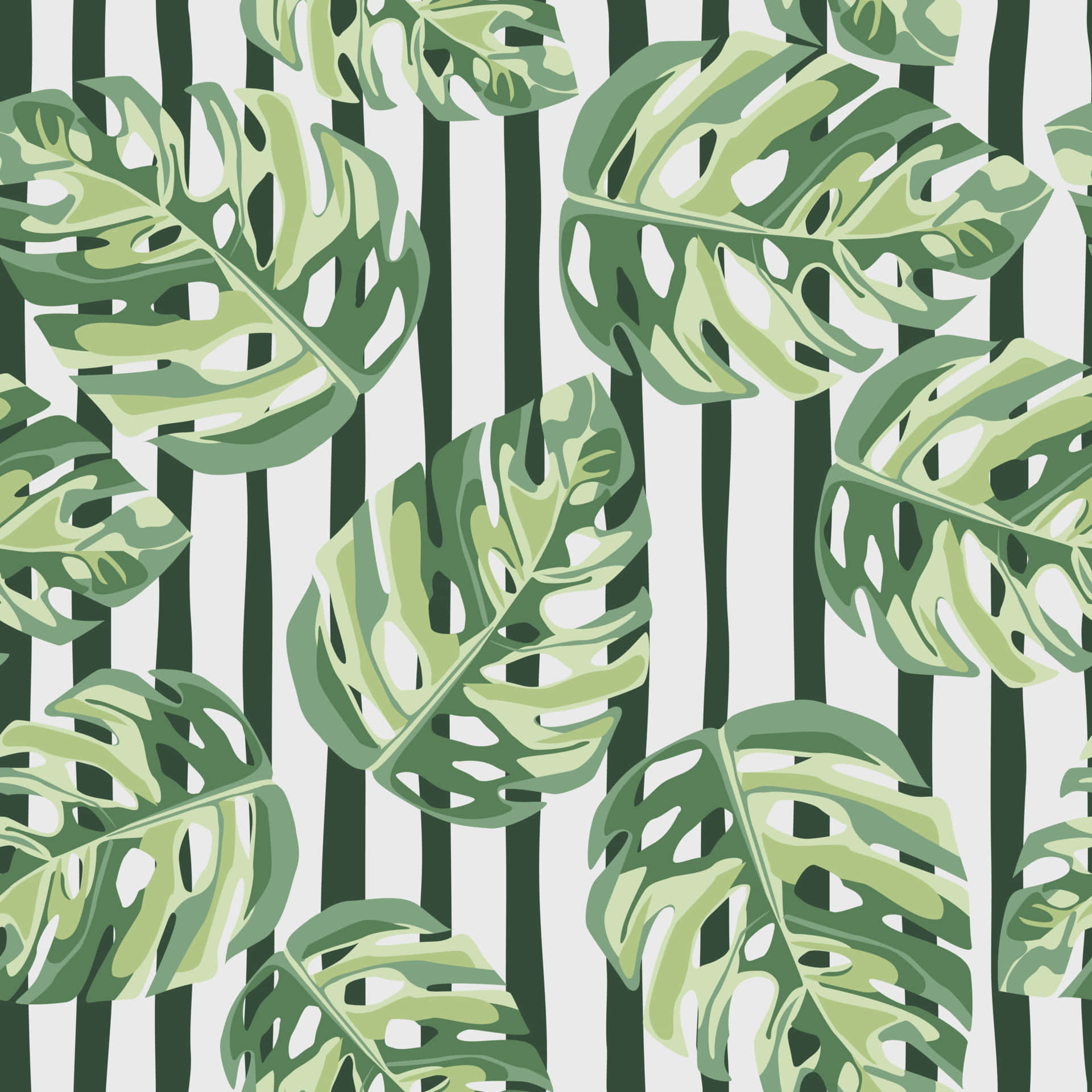 A Green And White Striped Pattern With Monstera Leaves