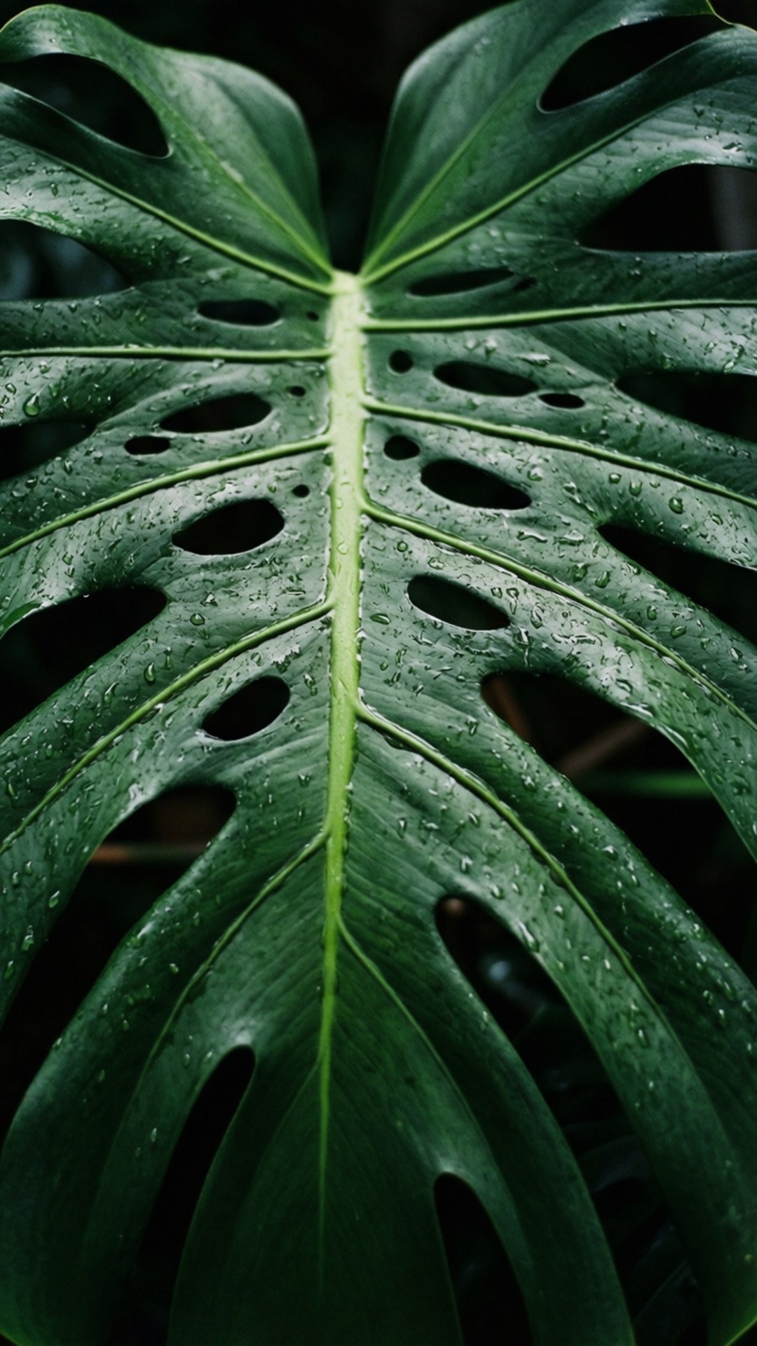 Et makrobilde av et monstera-blad med glitrende regndråper, som utstråler friskhet.