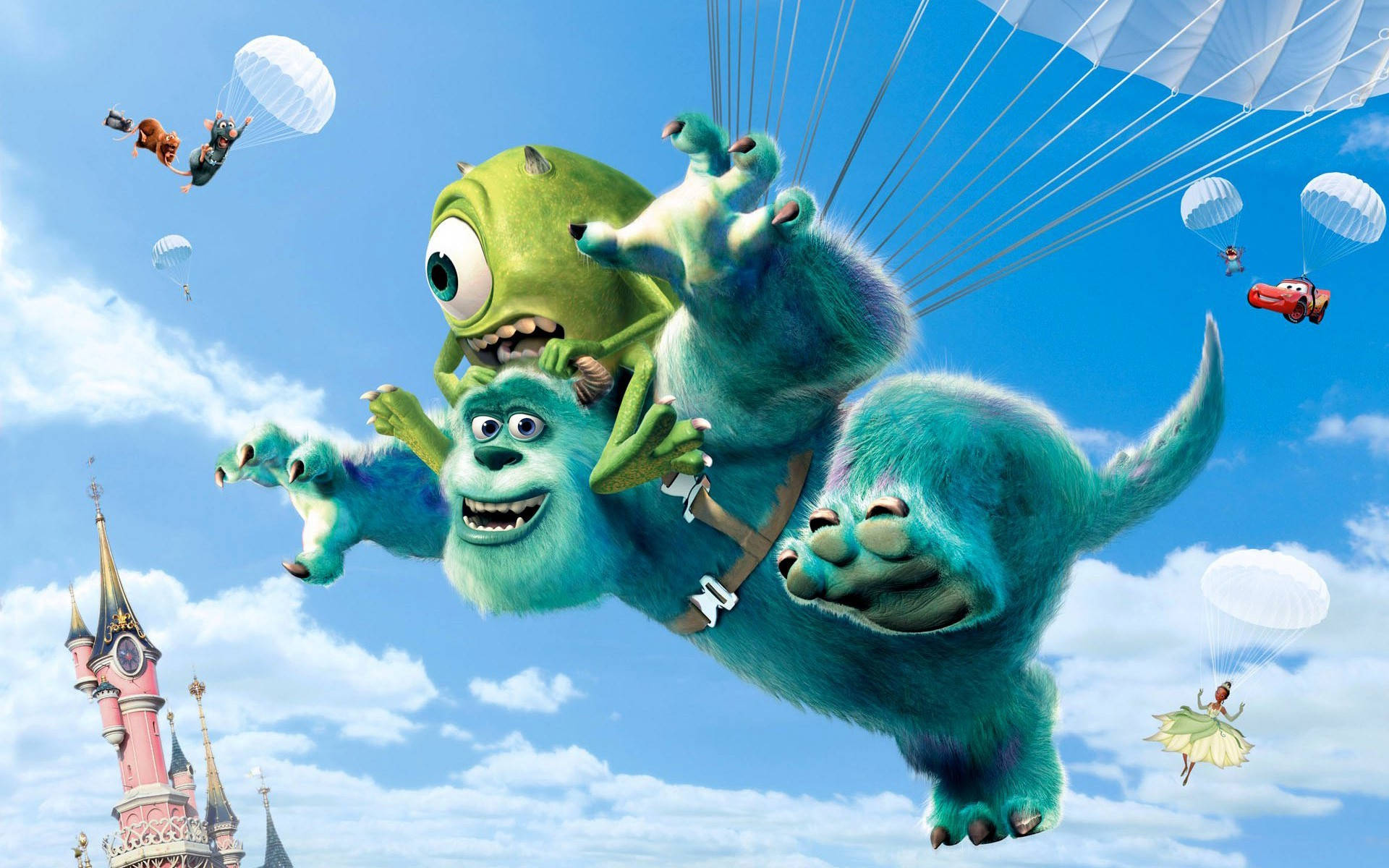 Mike and Sulley's Parachute Adventure at Monsters University Wallpaper
