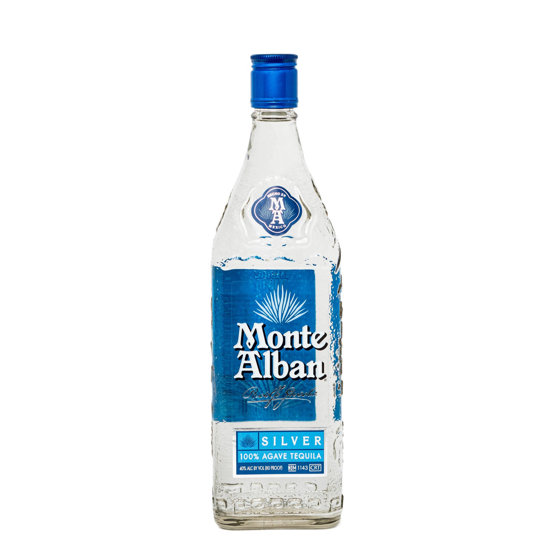 Exquisite Monte Alban Silver Tequila with Blue Tin Cap against a White Background. Wallpaper