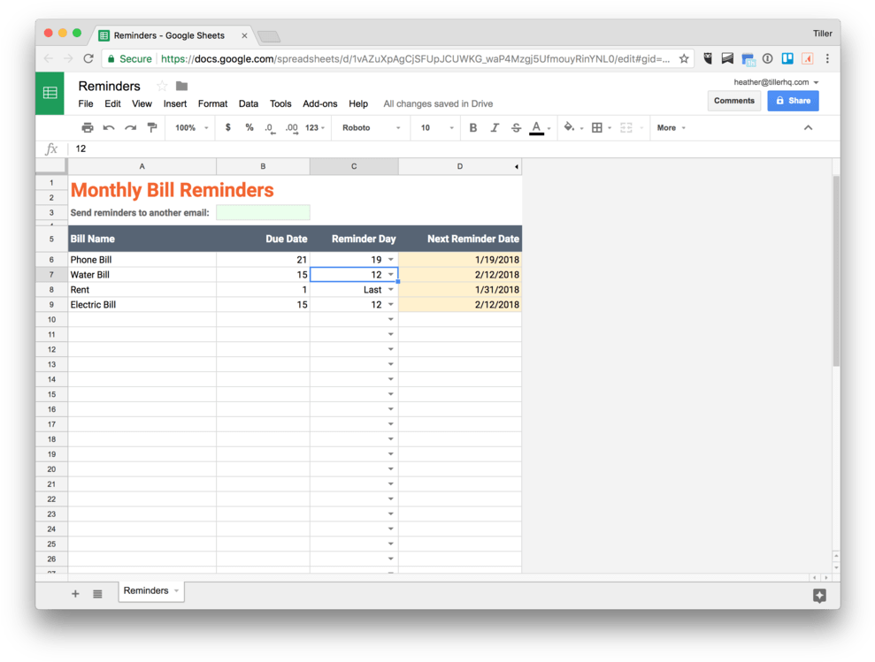 Monthly Bill Reminders Spreadsheet PNG