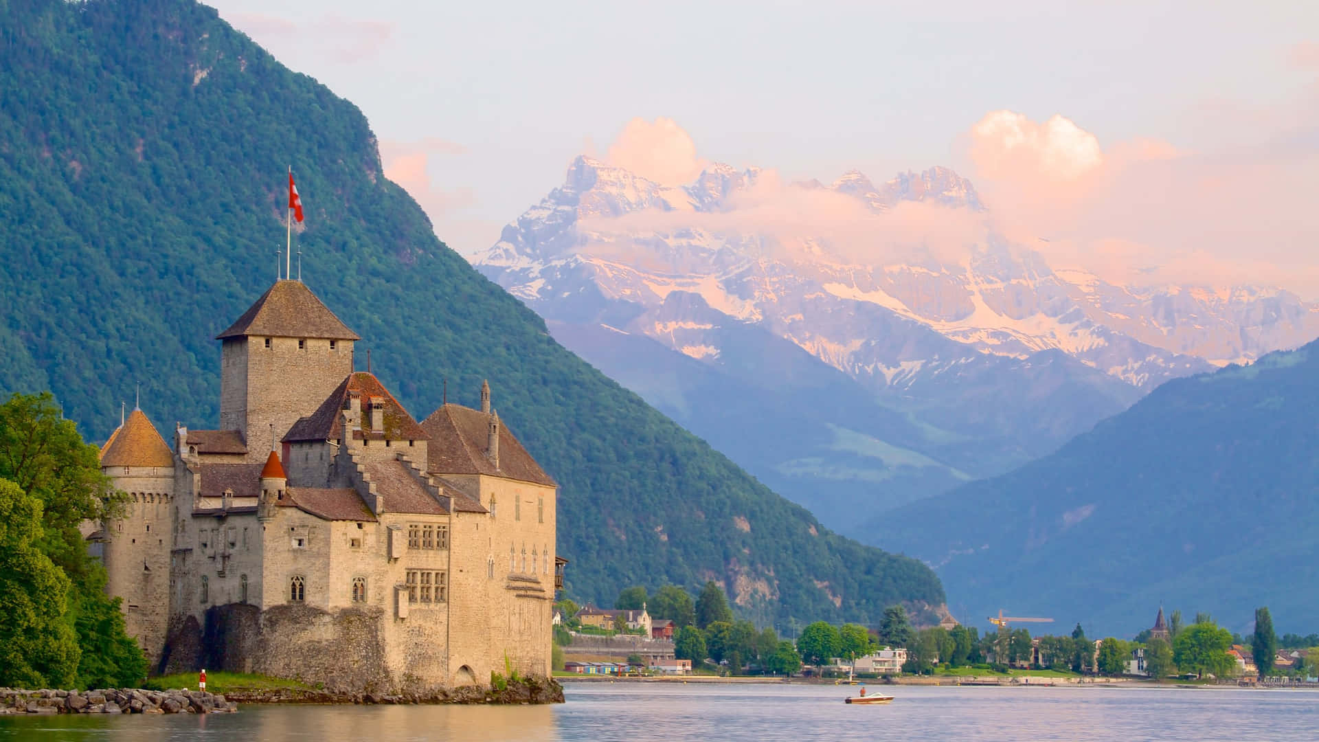 Montreux Castle Chillon Sunset Wallpaper