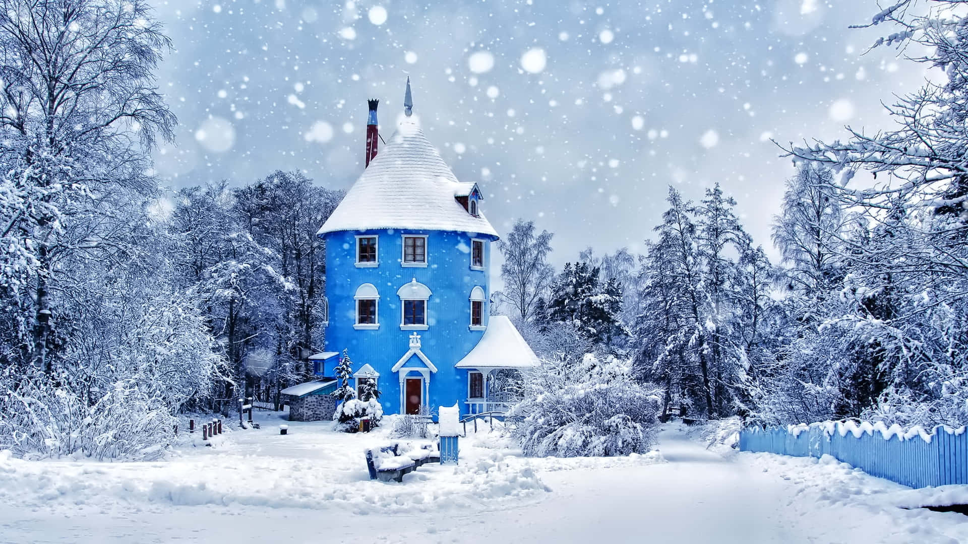 Fondode Pantalla Moomin, Casa Azul Con Nieve Para Escritorio. Fondo de pantalla