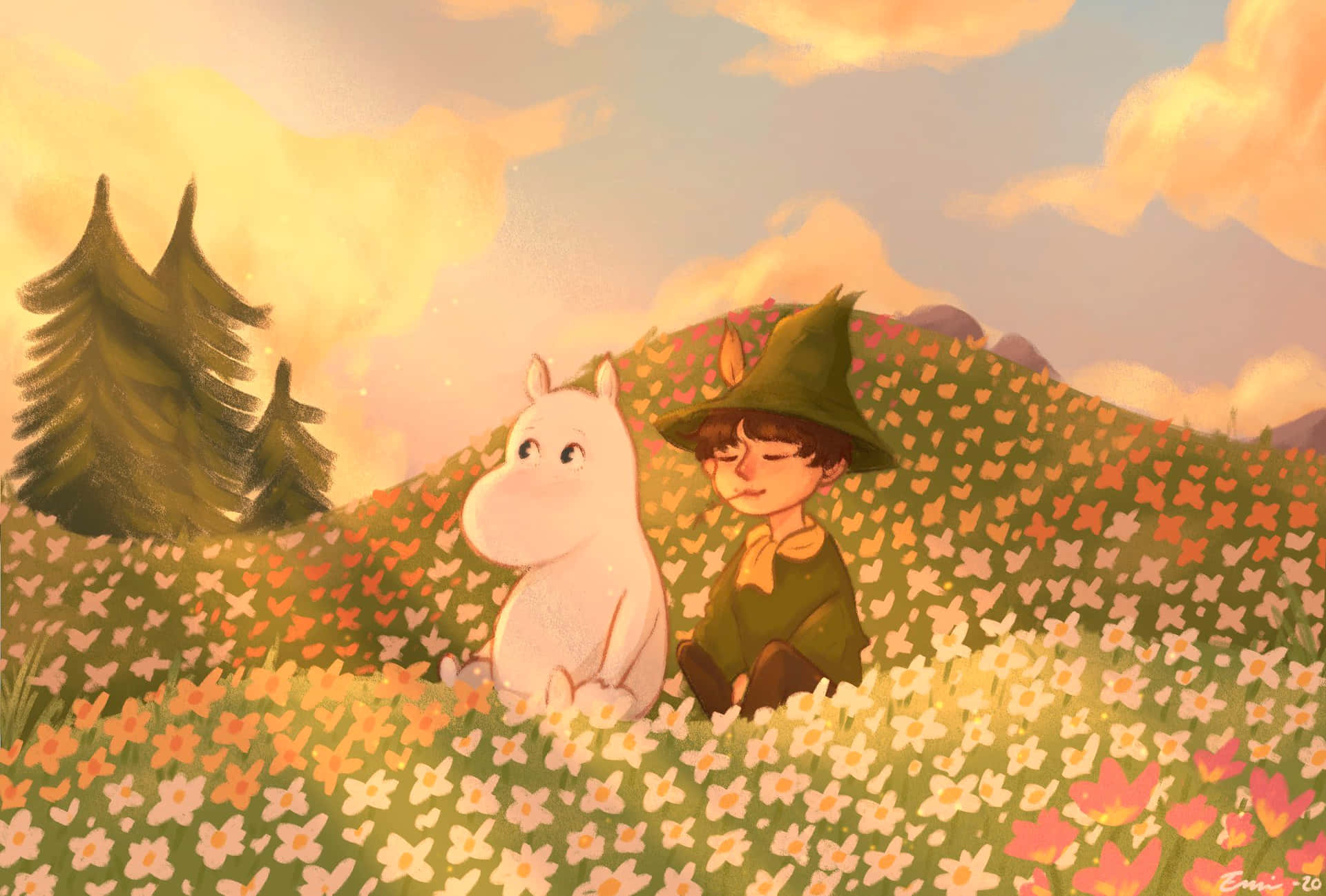 Moomin Desktop Relaxing Flower Field Wallpaper