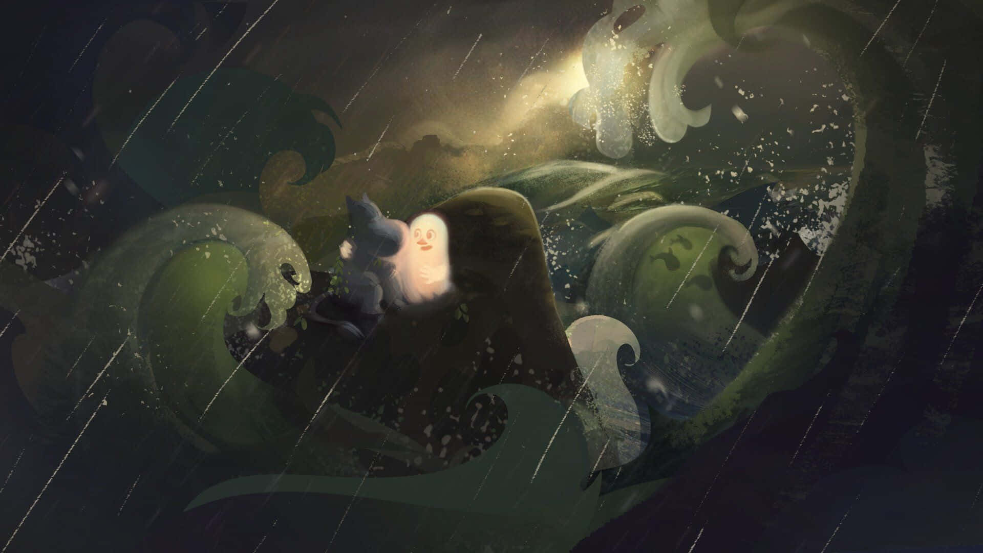 Moomin Desktop-spøgelser under regn. Wallpaper