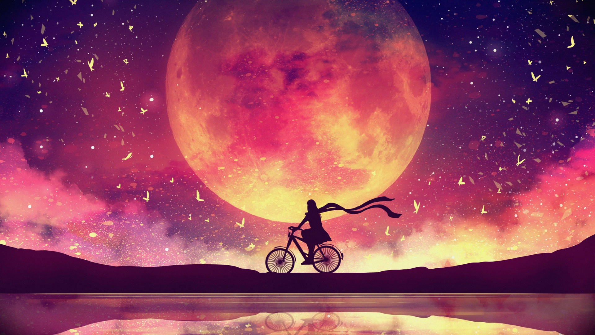 Moon 4k Biking Girl Red Aesthetic Background